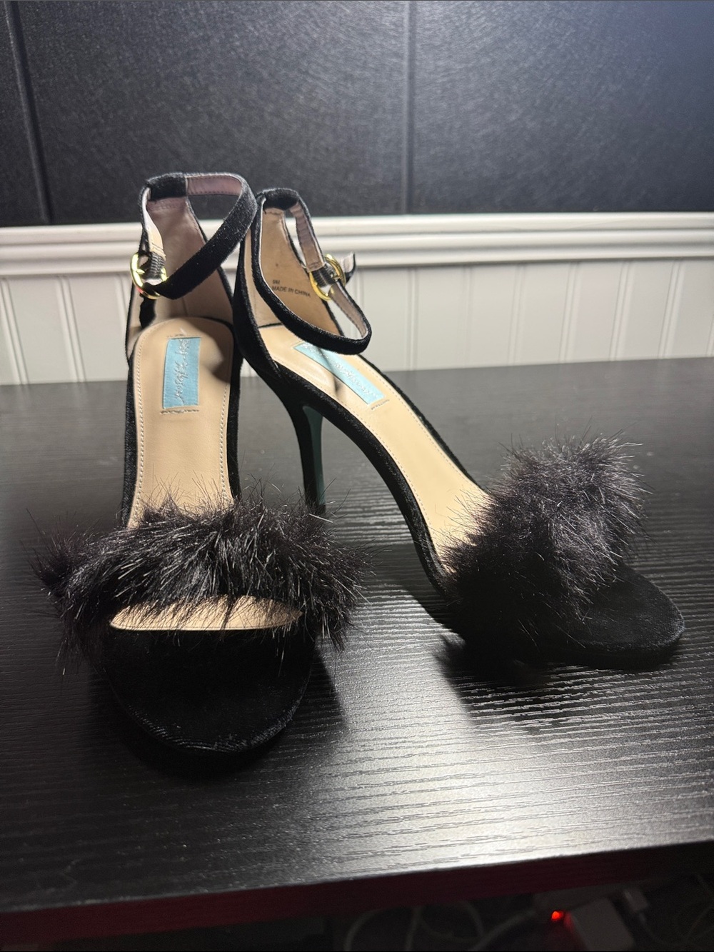 Black Faux Fur Ankle-Strap High Heel Sandals - Women